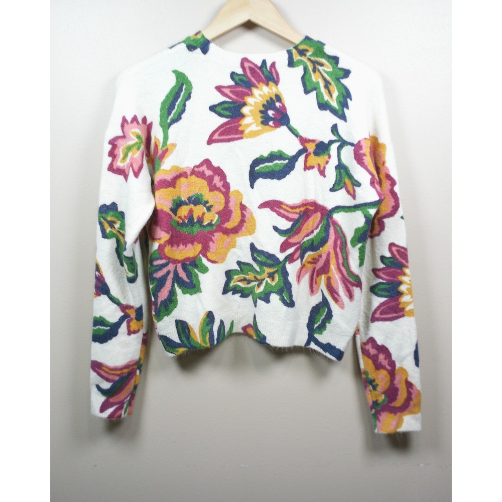 CeCe Floral Intarsia Sweater Womens Medium Ivory Pink Fuzzy Knit Botanical Print - Picture 3 of 10